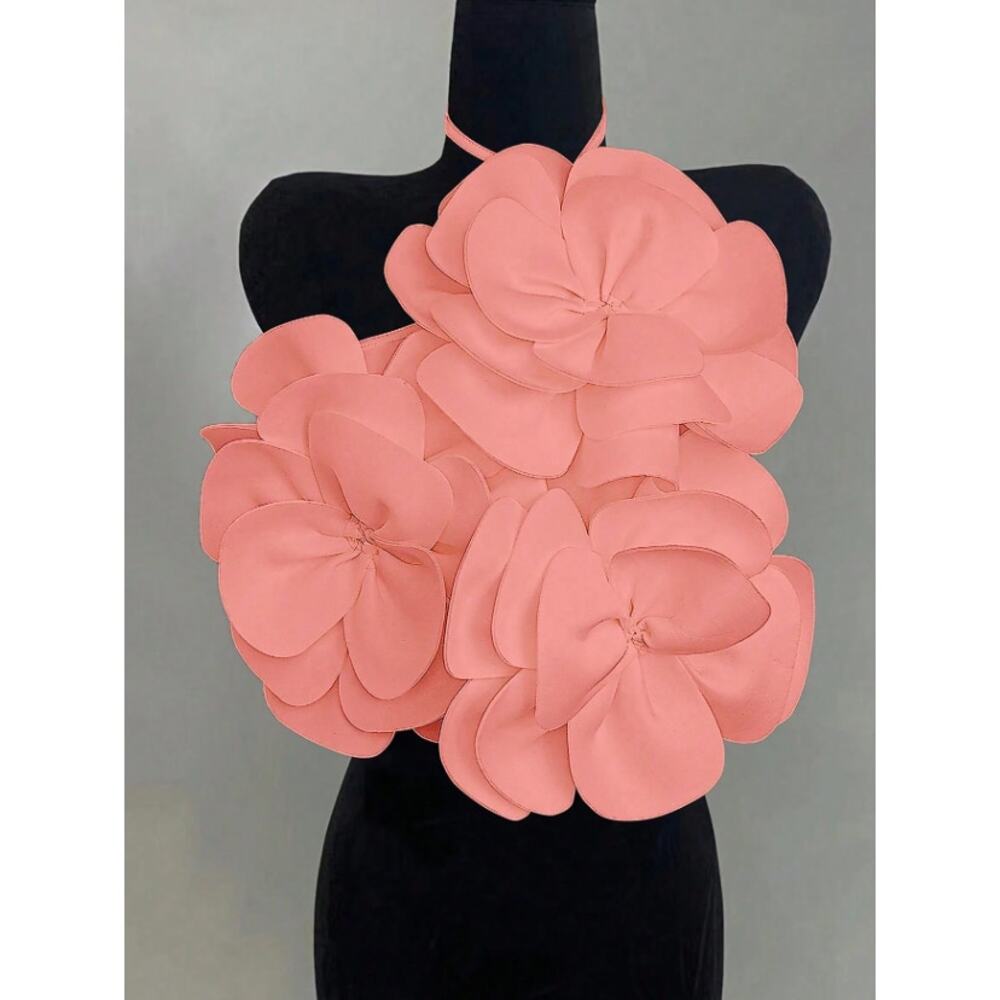 Elegant Pink 3D Blossom Halter Top – Layered Petal Bust Detail – Women’s Size L